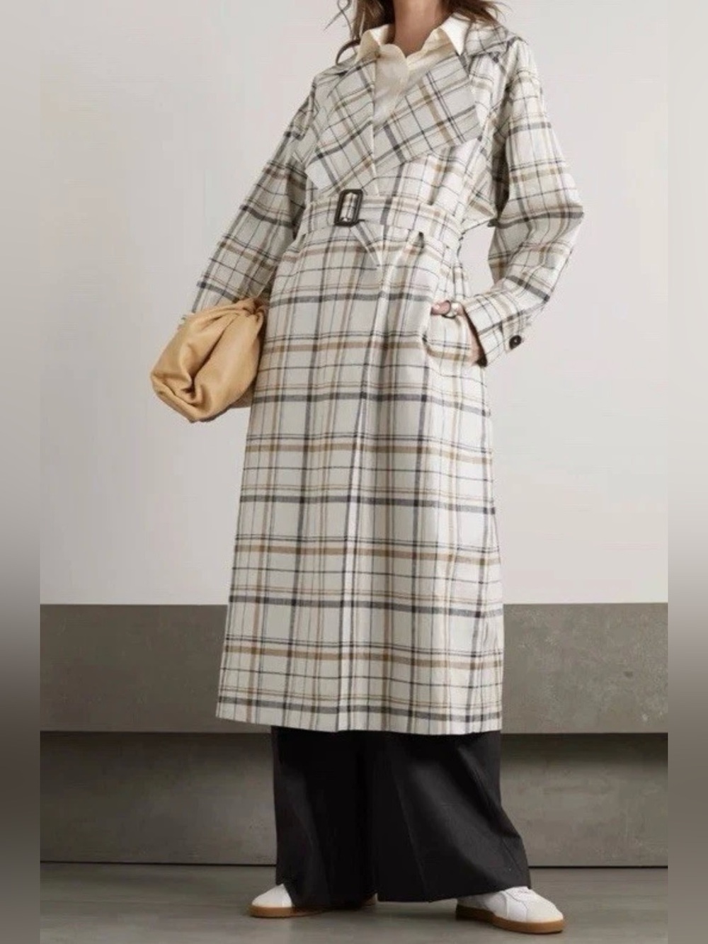 NWT Loro Piana Cream Plaid Belted Trench Coat with Tan Accents IT42